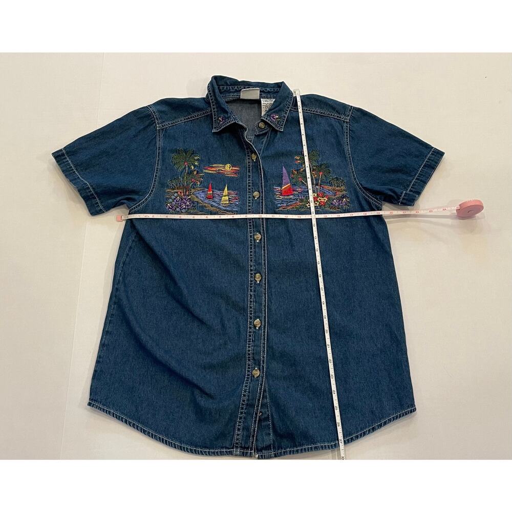 VTG Bobbie Brooks Denim Button Down Short Sleeve Shirt Embroidered Sailboats, M - Picture 8 of 10